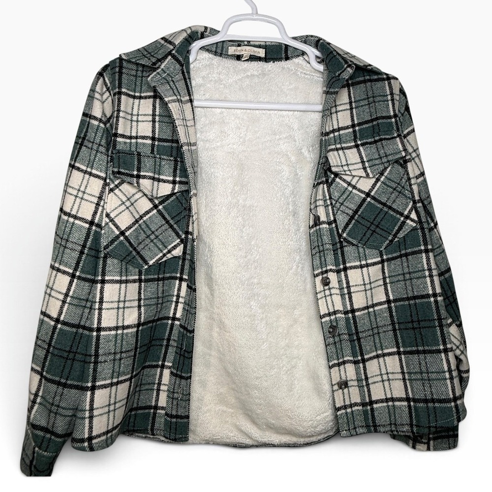 Eden & Olivia Sage Ivory Black Plaid Sherpa Lined Flannel Shacket Petite Lg NWT - Picture 12 of 15